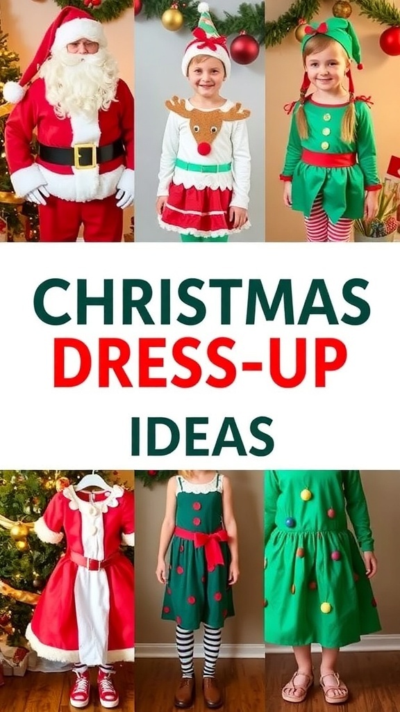 A collection of creative Christmas dress-up ideas featuring Santa, elves, reindeer, and more in a festive setting.